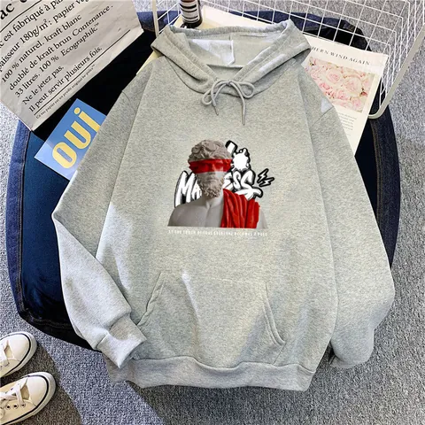 Felpa con Cappuccio Oversize da Donna Foderata in Pile Stampa Grafica Statua Felpa Pullover Manica Lunga Tasca a Coulisse