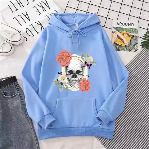 Women Loose Fleece Lined Hoodie Skull Floral Print Polyester Blend Long Sleeve Casual Streetwear Pullover Sweatshirt With Kangaroo Pocket