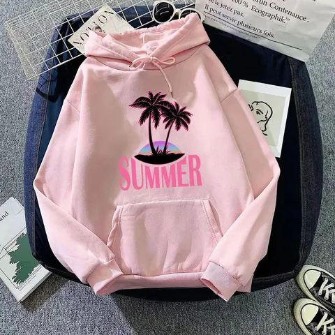 Damen Casual Loose Kapuzenpullover Summer Palm Tree Print Langarm Fleece Hoodie Mit Kängurutasche