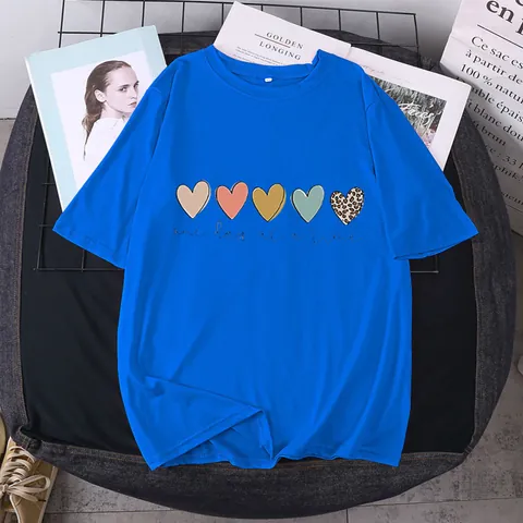 Women Casual Short Sleeve T-Shirt Loose Round Neck Heart Printed Leopard Pattern Polyester Top One Day At A Time Summer Tee