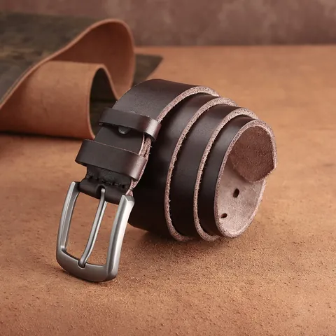 Vintage Cowhide Men Belt With Alloy Pin Buckle Classic Solid Color Leather Belt For Business Casual Jeans Daily Accessory