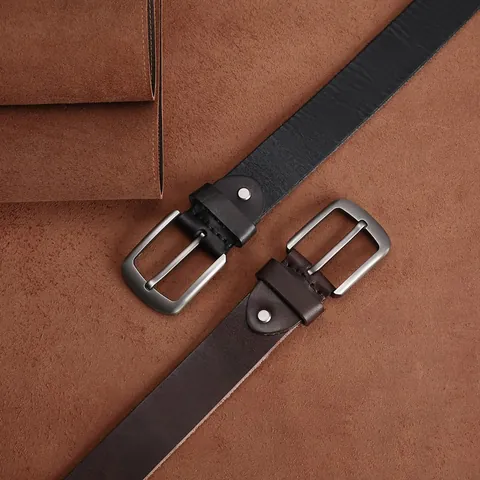 Vintage Cowhide Men Belt With Alloy Pin Buckle Classic Solid Color Leather Belt For Business Casual Jeans Daily Accessory