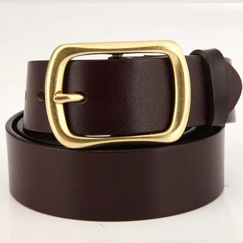 Men Solid Copper Pin Buckle Belt Top Grain Cowhide Leather Business Casual Waist Strap For Men Classic Fashion Accessory