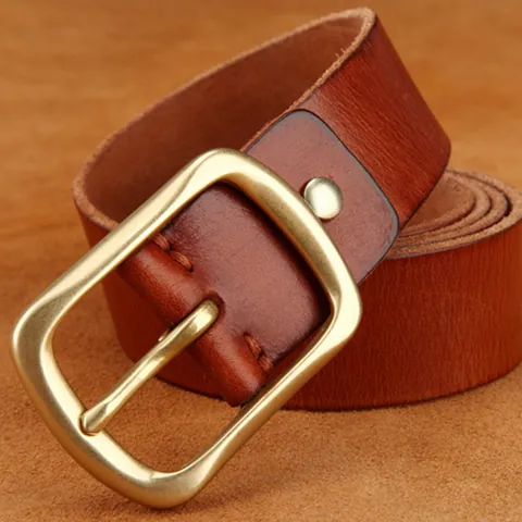 Men Vintage Casual Genuine Cowhide Leather Belt With Pure Copper Pin Buckle Washed Handmade Distressed Fashion Waistband