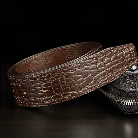 Sangle de Ceinture en Cuir de Vachette Véritable pour Hommes Sans Boucle Motif Crocodile Gaufré Accessoire de Ceinture Business