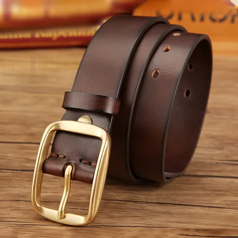 Men's Retro Genuine Leather Belt With Solid Copper Pin Buckle Casual Business Waist Belt For Jeans Trousers Men Accessories