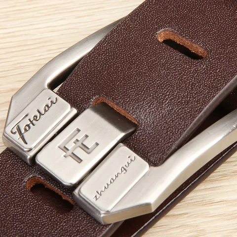 Men's Genuine Cowhide Leather Belt Vintage Brushed Alloy Pin Buckle Litchi Pattern Casual Business Waist Strap For Men