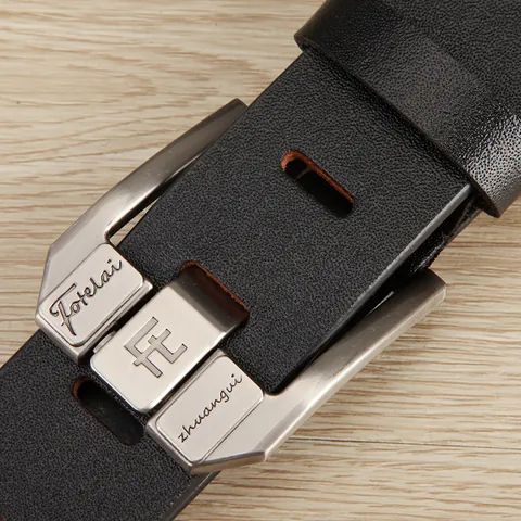 Men's Genuine Cowhide Leather Belt Vintage Brushed Alloy Pin Buckle Litchi Pattern Casual Business Waist Strap For Men