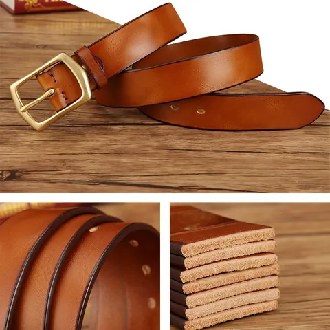 Ceinture en Cuir Vintage pour Hommes Avec Boucle en Laiton Massif Rétro Cuir de Vachette Véritable Pour Jeans Business Accessoire