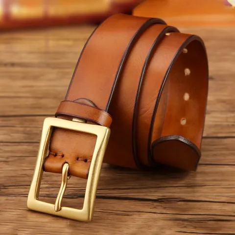 Men Retro Italian Top Grain Cowhide Leather Belt With Solid Copper Pin Buckle Casual Vintage High Quality Genuine Waist Belt