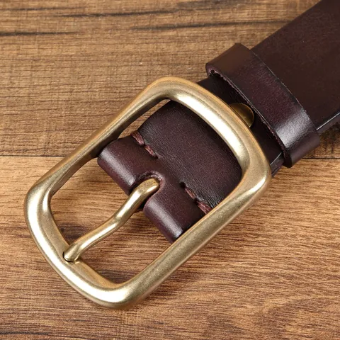 Men's Vintage Top Grain Cowhide Leather Belt With Solid Brass Pin Buckle Handmade Veg-Tanned Casual Waist Belt