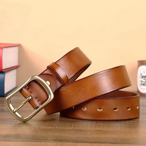 Men's Vintage Top Grain Cowhide Leather Belt With Solid Brass Pin Buckle Handmade Veg-Tanned Casual Waist Belt