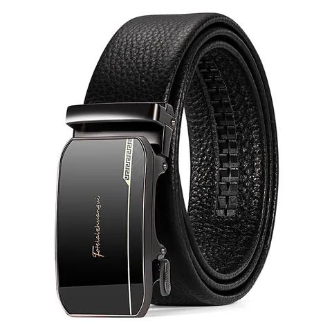 Cintura da Uomo con Fibbia Automatica in Vera Pelle di Vacchetta Grana Litchi Nera per Abito Formale e Casual Cinturino in Lega