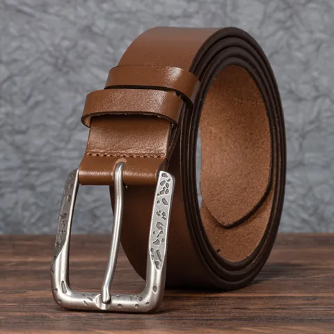 Men Vintage Top Layer Cowhide Leather Belt With Carved Alloy Pin Buckle Casual Coffee Khaki Black Genuine Leather Waist Strap