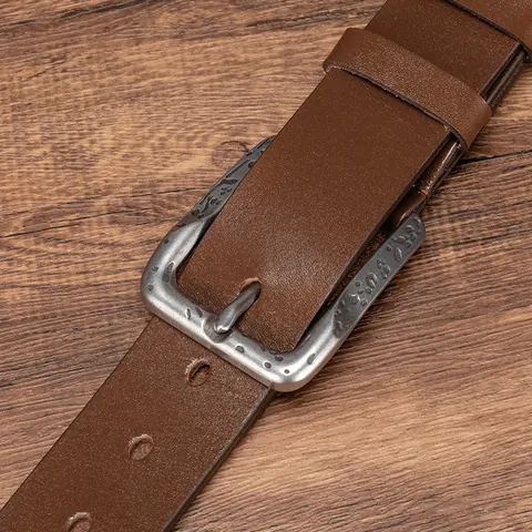 Men Vintage Top Layer Cowhide Leather Belt With Carved Alloy Pin Buckle Casual Coffee Khaki Black Genuine Leather Waist Strap