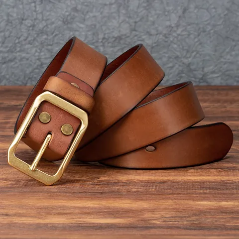 Men Vintage Genuine Leather Belt With Copper Pin Buckle First Layer Cowhide Workwear Waistband Durable Retro Waist Strap