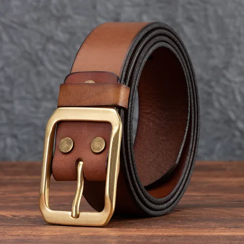 Men Vintage Genuine Leather Belt With Copper Pin Buckle First Layer Cowhide Workwear Waistband Durable Retro Waist Strap