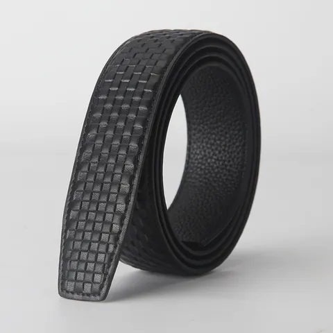 Men Genuine Cowhide Leather Belt Strap Without Buckle Checkerboard Embossed Automatic Slide Business Casual Waistband