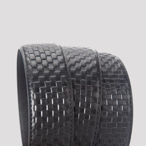 Men Genuine Cowhide Leather Belt Strap Without Buckle Checkerboard Embossed Automatic Slide Business Casual Waistband