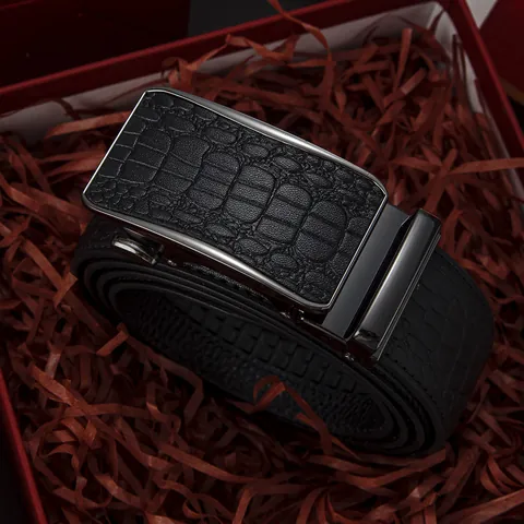 Men First Layer Cowhide Belt Crocodile Grain Automatic Buckle Genuine Leather Business Casual Waist Strap Alloy Buckle Belt