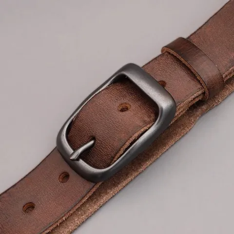 Men Vintage Top Grain Cowhide Leather Belt Minimalist Casual Pin Buckle Waist Strap For Jeans Daily Wear Work Adjustable