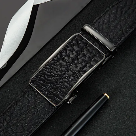 Men's Top Grain Cowhide Leather Belt With Alloy Automatic Buckle Business Bison Texture Black Waist Strap For Men