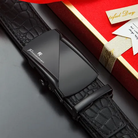 Business Men's First Layer Cowhide Leather Belt Automatic Alloy Buckle Crocodile Grid Pattern Fashion Waist Belt