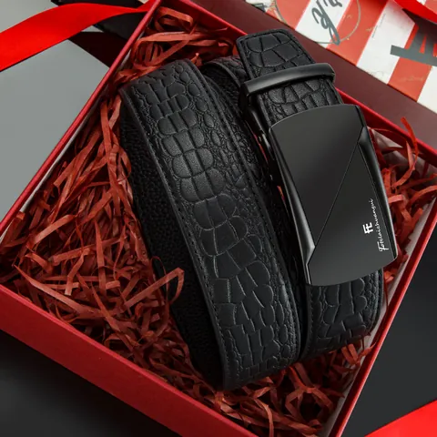 Business Men's First Layer Cowhide Leather Belt Automatic Alloy Buckle Crocodile Grid Pattern Fashion Waist Belt