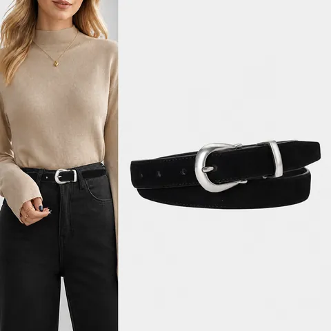 Women's Vintage Black Split Cowhide Leather Belt Minimalist Frosted Suede Waistband With Silver Alloy Horseshoe Pin Buckle Fashion Accessories