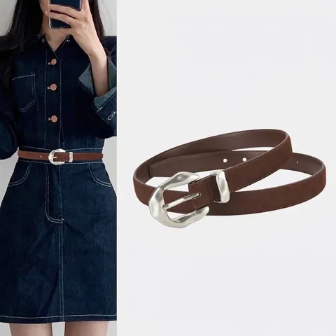 Cintura da Donna in Pelle di Vacchetta Vintage Minimalista con Fibbia Irregolare in Lega Argento Smerigliata Cinturino in Vita Caffè