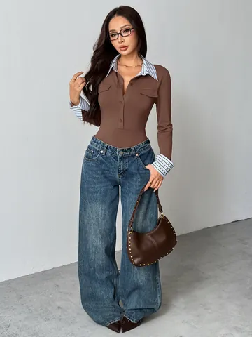 Bodysuit Femme Sexy Slim Fit Patchwork Contrasté Rayé Manches Longues Col à Revers Boutonné Bodysuit Top