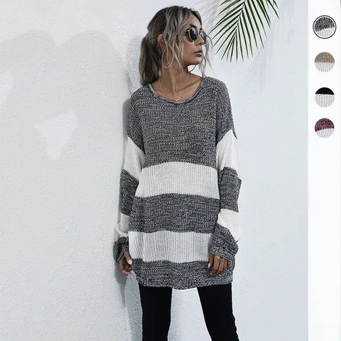 Pull en Maille Décontracté à Rayures Color Block pour Femmes Coupe Ample Mi-long Col Rond Manches Longues Automne Hiver