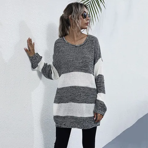 Pull en Maille Décontracté à Rayures Color Block pour Femmes Coupe Ample Mi-long Col Rond Manches Longues Automne Hiver