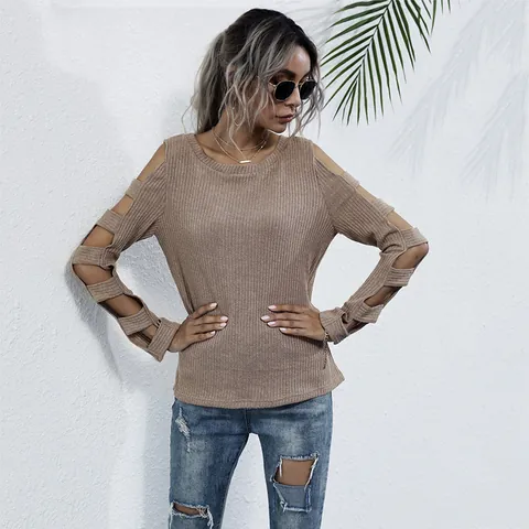 Pull en Tricot à Épaules Dénudées pour Femmes Manches Longues Texture Côtes Coupe Ajustée Haut Pullover Décontracté pour Streetwear Fête