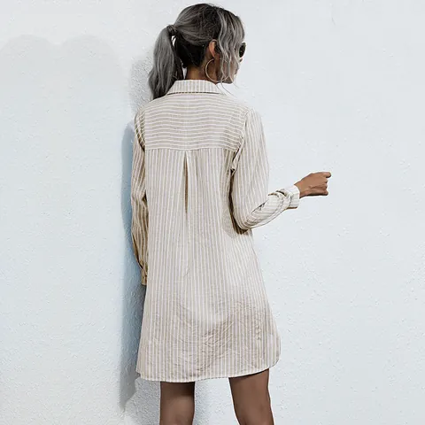 Women's Striped Lace-up V-Neck Shirt Dress Long Sleeve Lapel Loose Casual Midi Dress Khaki Sky Blue Cotton Blend Spring Autumn