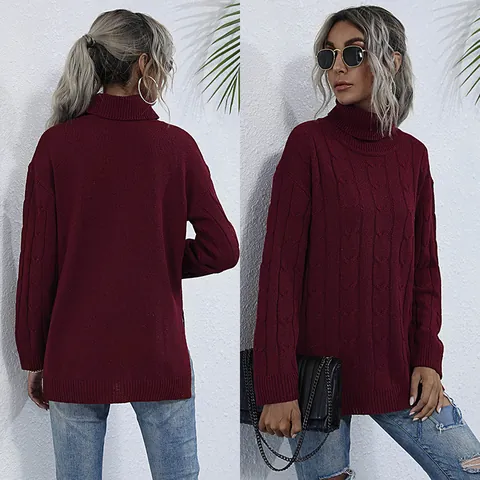 Suéter de Punto de Ocho Casual para Mujer Cuello Alto Pullover Abertura Lateral Holgado Manga Larga Mezcla Algodón Otoño