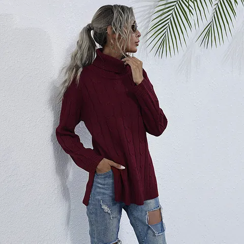 Suéter de Punto de Ocho Casual para Mujer Cuello Alto Pullover Abertura Lateral Holgado Manga Larga Mezcla Algodón Otoño