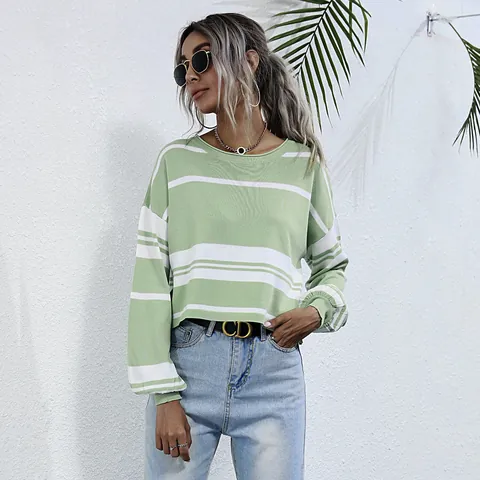 Dames Gestreepte Gebreide Trui Casual Lange Mouw Pullover Ronde Hals Slim Fit Katoenmix Gestreepte Gebreide Kleding Lente Herfst Kort Top