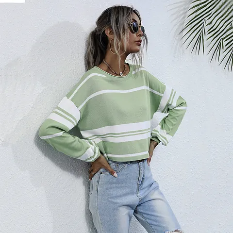 Dames Gestreepte Gebreide Trui Casual Lange Mouw Pullover Ronde Hals Slim Fit Katoenmix Gestreepte Gebreide Kleding Lente Herfst Kort Top