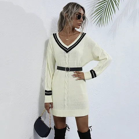 Vestido de Suéter de Punto de Ocho con Cuello en V para Mujer Ribete en Contraste Manga Larga Ajustado Elegante Casual