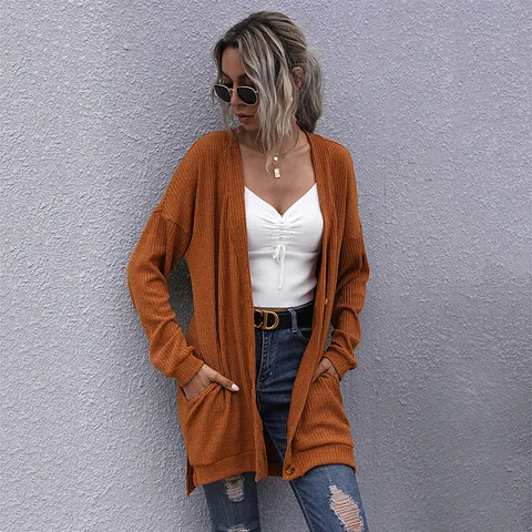 Cardigan da Donna Casual con Scollo a V in Maglia a Costine a Maniche Lunghe di Media Lunghezza Aperto sul Davanti