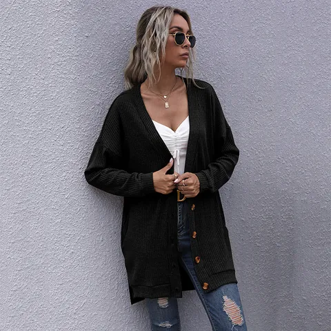Cardigan da Donna Casual con Scollo a V in Maglia a Costine a Maniche Lunghe di Media Lunghezza Aperto sul Davanti