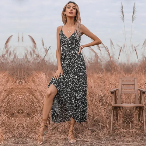 Women Sexy V Neck Floral Print Spaghetti Strap Maxi Dress Irregular Ruffle Hem Bohemian Summer High Slit Long Dress