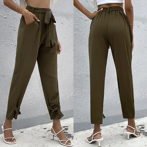 Women High Waist Tie Front Casual Pants Olive Green Solid Color Tapered Trousers With Belt Bow Detail For Daily Wear