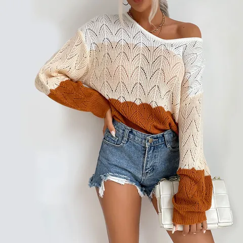 Women's Casual Hollow Out Crochet Knit Sweater Color Block V Neck Long Sleeve Loose Pullover Top Breathable Fall Knitwear