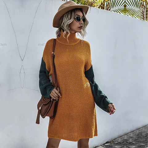 Vestito Maglione da Donna in Maglia a Blocchi di Colore Collo Alto Casual Manica Lunga Patchwork Mini Abito in Maglia