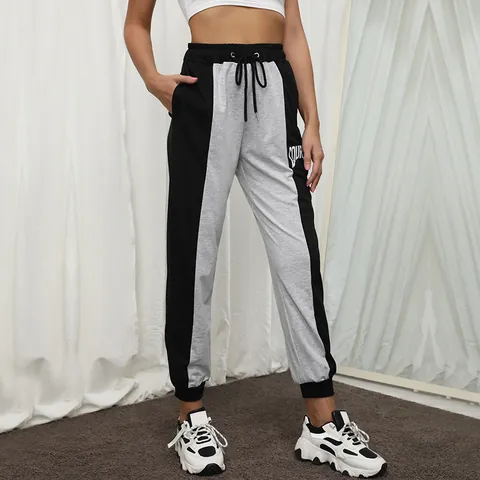 Pantalones Joggers Casuales para Mujer Bloques de Color Estampado de Letras Mezcla de Algodón Cintura Elástica Deportiva