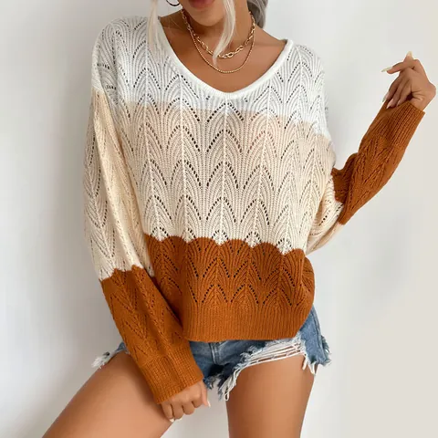 Women's Casual Hollow Out Crochet Knit Sweater Color Block V Neck Long Sleeve Loose Pullover Top Breathable Fall Knitwear