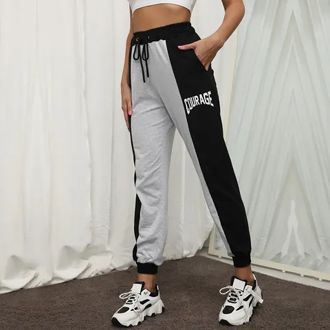 Pantalones Joggers Casuales para Mujer Bloques de Color Estampado de Letras Mezcla de Algodón Cintura Elástica Deportiva
