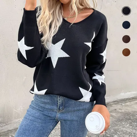 Jersey de Punto para Mujer Estampado Estrellas Casual Suelto Manga Larga Cuello Redondo Poliéster Moda Otoño